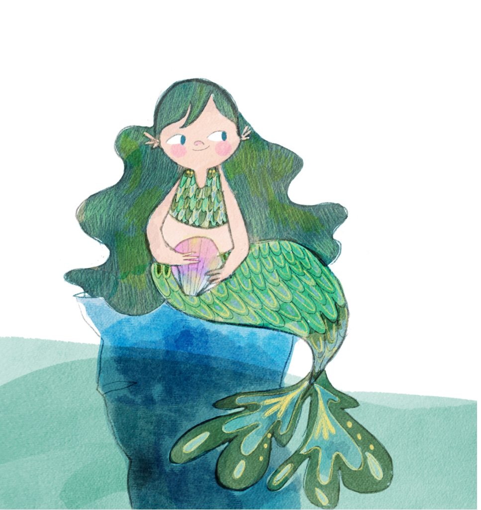 A mermaid with green hair is sitting on a rock holding a large pink shell and has a Mona Lisa smile. 