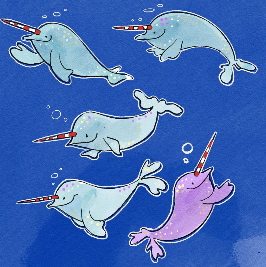 a group of narwhals with candy cane horns teeth swim around