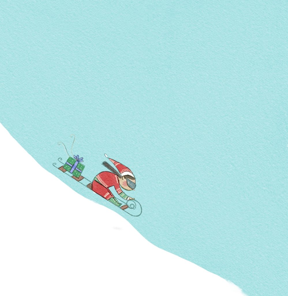 a Christmas elf speeds down a snowy mountain to deliver a Christmas present