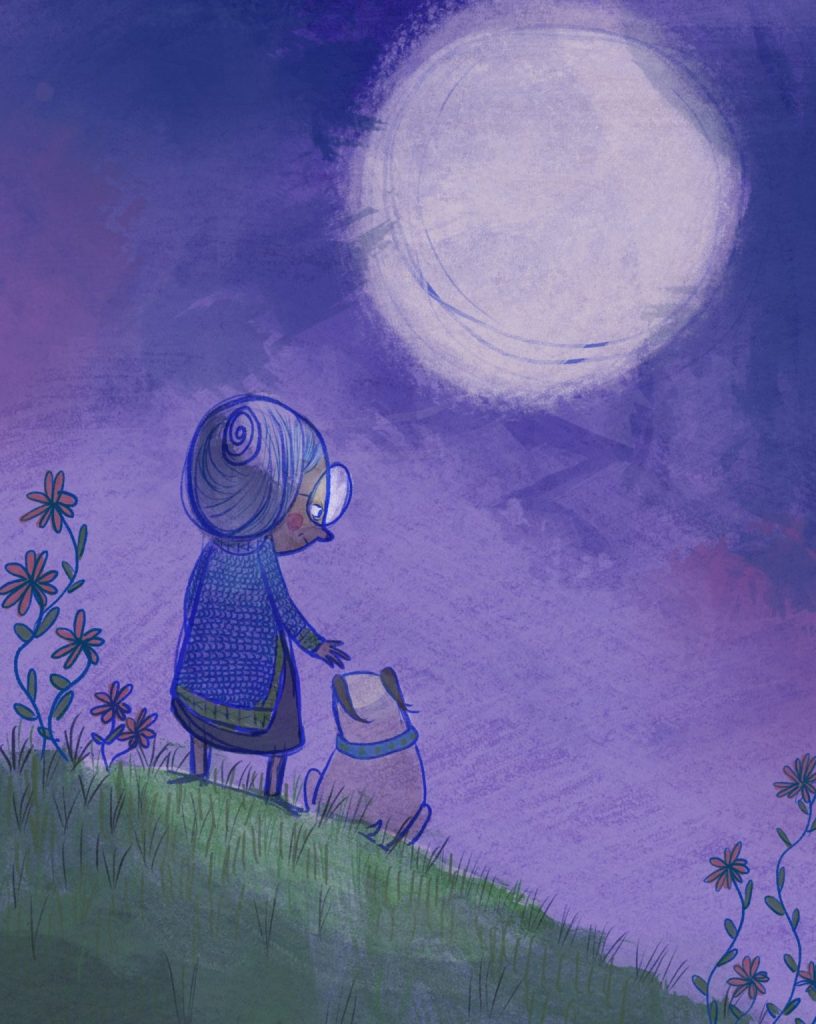 Grandma and dog stand in the moonlight looking sad and missing someone