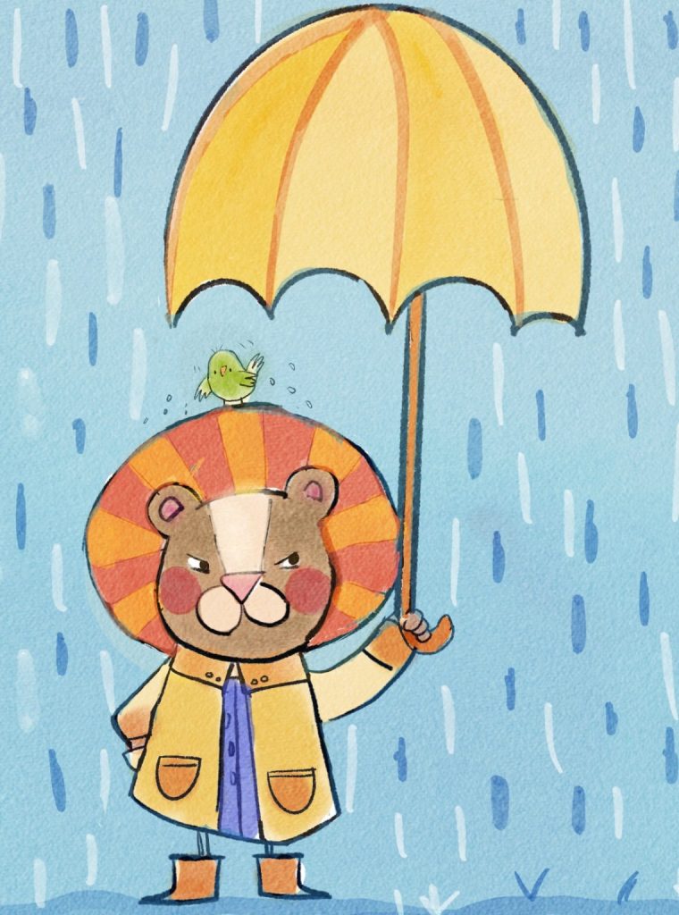 Grumpy lion in a yellow raincoat stands in the rain with a bird on his mane