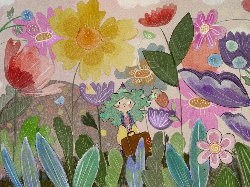 a tiny witch looks suspicious at a ball of magic being held by a shrew in a garden of giant flowers