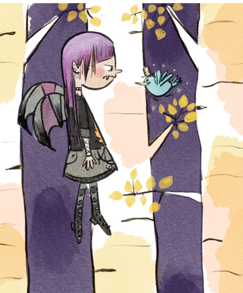 Grumpy vampire goth girl faces down the bluebird of happiness